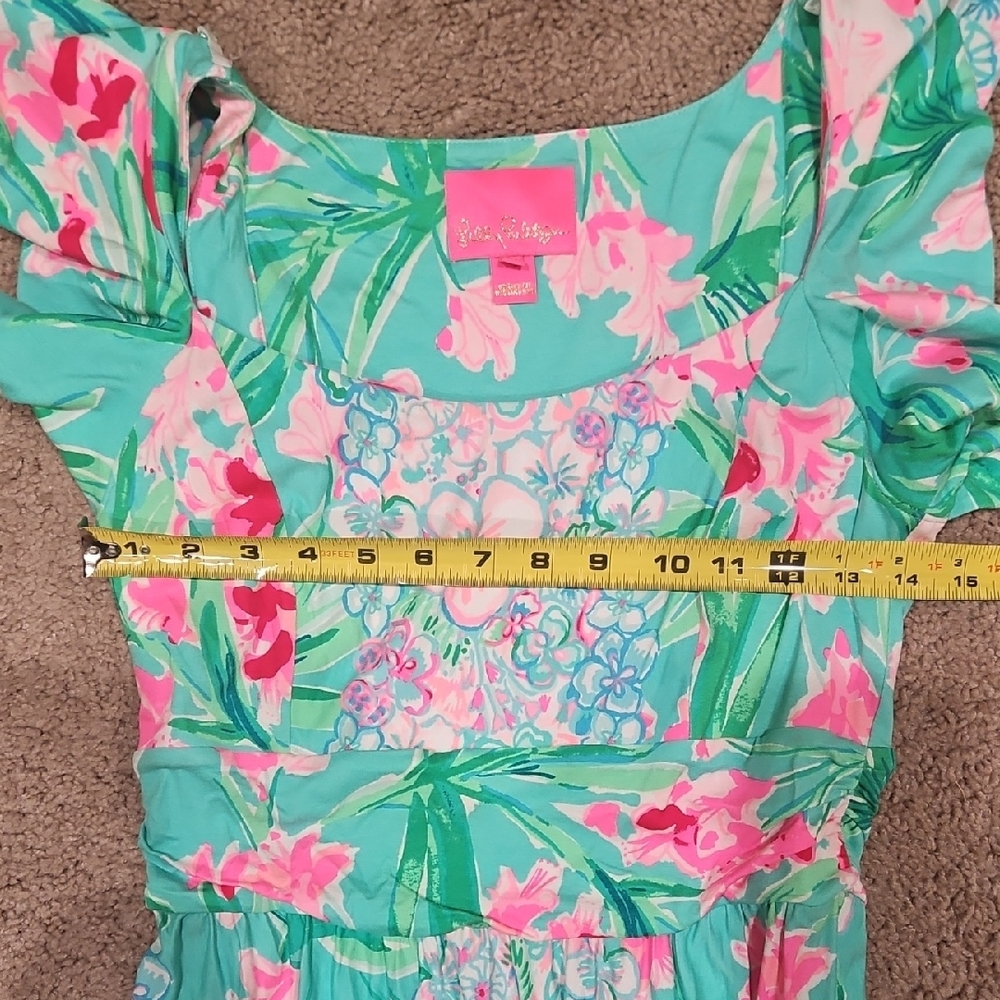 Lilly Pulitzer Cristal Maxi Dress Small S Aqua Floral Flutter Sleeve Square Neck - Picture 8 of 12